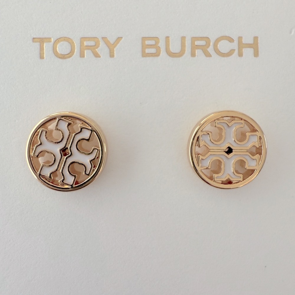 Tory Burch White Enamel and Gold Logo Stud Earrings